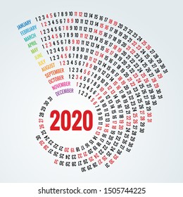 Colorful round calendar 2020 design, Print Template, Your Logo and Text. Portrait Orientation. 2020 Calendar of 12 Months.