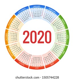 Colorful round calendar 2020 design, Print Template, Your Logo and Text. Week Starts Sunday. Portrait Orientation. 2020 Calendar of 12 Months.