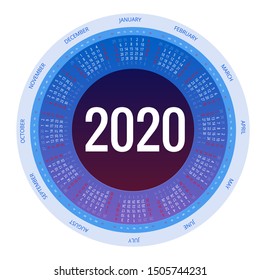 Colorful round calendar 2020 design, Print Template, Your Logo and Text. Week Starts Sunday. Portrait Orientation. 2020 Calendar of 12 Months.