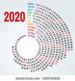 Colorful round calendar 2020 design, Print Template, Your Logo and Text. Portrait Orientation. 2020 Calendar of 12 Months.
