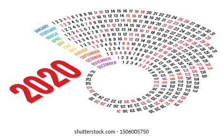 Colorful round calendar 2020 design, Print Template, Your Logo and Text. Week Starts Sunday. Portrait Orientation. 2020 Calendar of 12 Months.