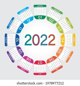 Colorful round calendar 2022 design, Print Template, Your Logo and Text. Week Starts Sunday. Portrait Orientation. 2022 Calendar of 12 Months Vector.