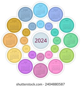 Colorful round calendar 2024 Calendar. Portrait Orientation. Set of 12 Months. Planner for 2024 Year.