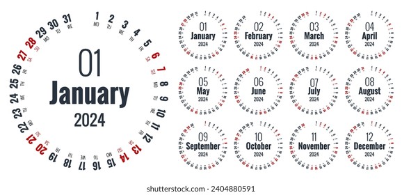Colorful round calendar 2024 Calendar. Portrait Orientation. Set of 12 Months. Planner for 2024 Year.