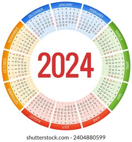 Colorful round calendar 2024 Calendar. Portrait Orientation. Set of 12 Months. Planner for 2024 Year.