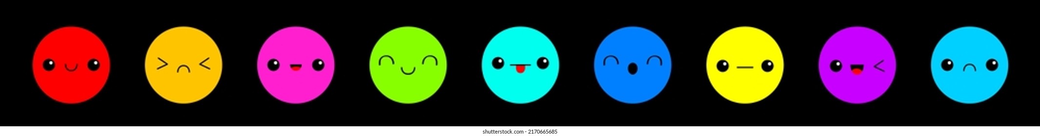 Colorful round circle head icon set line. Boo Spooky Smiling sad face emotion. Cute monster. Eyes, tongue, teeth fang, mouse. Happy Halloween card. Flat design style. Black background. Vector