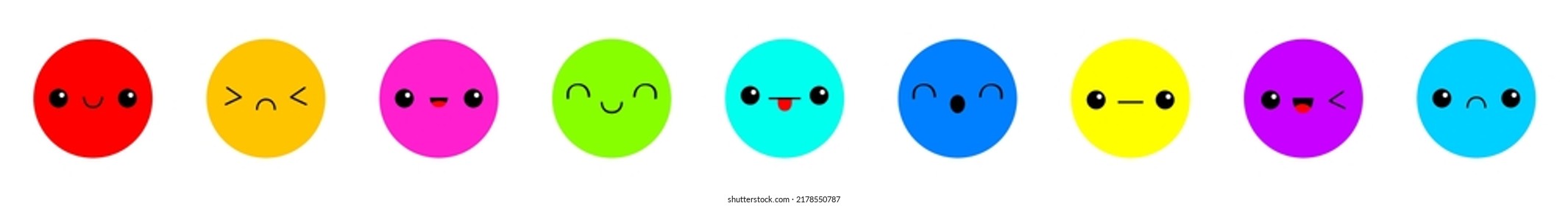 Farbige runde mit kreisförmigem Kopf Icon Linie gesetzt. Boo Spooky Lächeln traurige Gesicht Emotion. Geruchtes Monster. Augen, Zunge, Zahnfang, Maus. Frohe Halloween-Karte. Flaches Design. Weißer Hintergrund. Vektorgrafik
