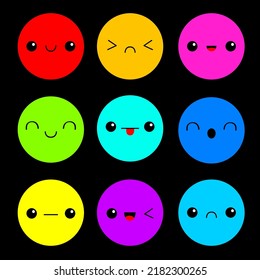 Colorful round circle head icon set. Boo Spooky Smiling sad face emotion. Cute monster. Eyes, tongue, teeth fang, mouse. Happy Halloween card. Flat design style. Black background. Vector