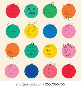 Colorful round comic faces with unique emotions, drawn in a playful crayon style. Trendy and hand-drawn for a fun, whimsical touch.