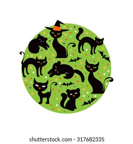 Colorful round composition with black cats. vector illustration