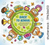 Colorful round composition, with cute schoolchildren and school design elements. with space for your text.