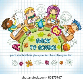 Colorful round composition, with cute schoolchildren and school design elements. with space for your text