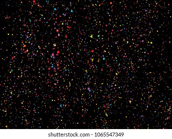  Colorful round confetti isolated on black background. Dust overlay distress grain. Colorful paint splatter , poster for your design. Hand drawing illustration