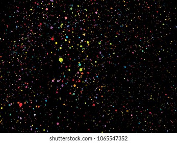  Colorful round confetti isolated on black background. Dust overlay distress grain. Colorful paint splatter , poster for your design. Hand drawing illustration