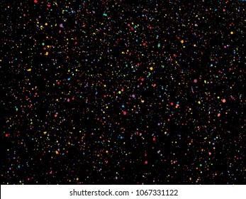 Colorful round confetti isolated on black background. Dust overlay distress grain. Colorful paint splatter , poster for your design. Hand drawing illustration