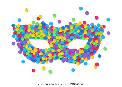 Colorful round confetti vector carnival mask silhouette isolated on white background