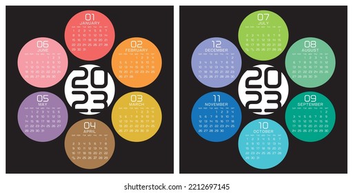 plantilla colorida de calendario de diseño redondo para 2023 año.
color intenso sobre fondo negro.