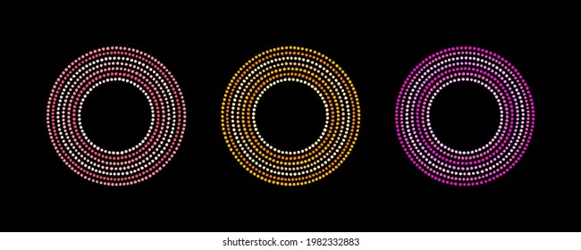 Colorful round dot, dotted frames set. Circle, ring shape templates. Dotty text backgrounds, decorations made of uneven spots, dots, hand drawn blobs, beads. Geometric graphic design elements.