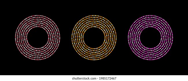 Colorful round dot, dotted frames set. Circle, ring shape templates. Dotty text backgrounds, decorations made of uneven chaotic spots, dots, hand drawn blobs, beads. Geometric graphic design elements.