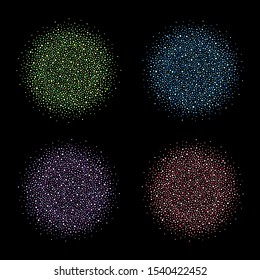 Colorful round dotty backgrounds set, collection. Sphere shape, circle made of uneven dots, blobs, paint splashes, specks, beads, hand drawn spots. Packing concept, frame templates, design elements. 