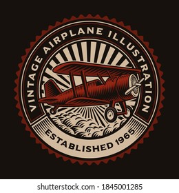 A colorful round emblem with a retro airplane, this design can be used as a shirt print or as a logotype.