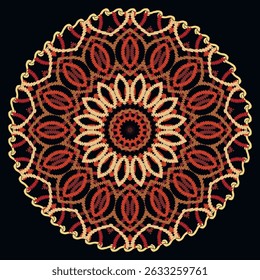 Colorful round embroidered mandala pattern with a woven thread texture in red, brown and beige tones on a black background. Intricate ornamental symmetry resembling embroidery or crochet work.