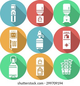 Colorful round flat design vector icons with white silhouette water cooler objects with long shadow. Water purifier, electric cooler, disposable cups, plastic bottle and jug for home and business.