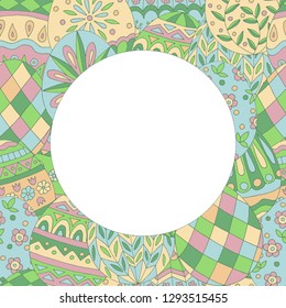 Colorful round frame with beautiful abstract doodle pattern of easter eggs