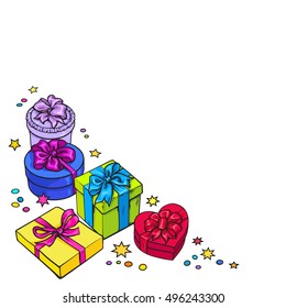 Colorful round frame of gift and present boxes with bows and ribbons, sketch style greeting card, banner template. Round frame made of Xmas, birthday, Valentine presents, gifts, decoration elements