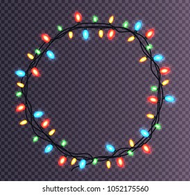 Colorful round frame made of Christmas lights sparkling multicolor lightbulbs decorative border vector illustration isolated on transparent background