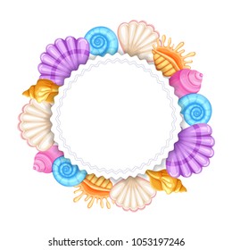 Colorful round frame with seashells isolated on white background. vector illustration.