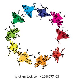 Colorful round frame of spring birds of all colors of the rainbow birds build nests. Spring mood. Doodle style. Vector illustration