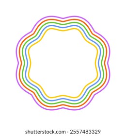 Colorful round frame with wavy edges. Geometric shape with scallop borders. Blank text box, tag or label isolated on white background. Vector illustration.