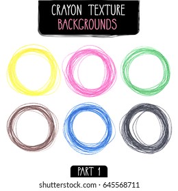 Colorful round frames by crayon set. Hand drawn kids scribble style. Vector illustration.