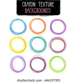 Colorful round frames by crayon set. Hand drawn kids scribble style. Vector illustration.