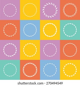 Colorful round frames, shapes and templates set. Purple, red, yellow, green, blue, white colors. Vector illustration.