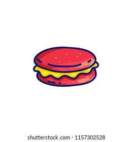 Colorful round french pink strawberry cake macaron isolated on white background. Side view.  Tasty sweet biskuit. 
