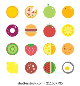 Colorful round fruits, vegetables, dishes and food icon set for market or cafe with place for logo. Vector modern illustration, stylish design element