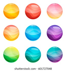 Colorful round glossy buttons set, vector assets for web or game design, app icons vector template isolated on white background.
