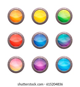 Colorful round glossy buttons in a stone frame set, vector assets for web or game rocky design, app icons vector template isolated on white background.