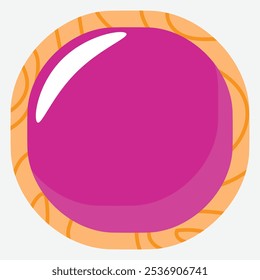 A colorful round graphic featuring a glossy purple sphere on a textured orange background.