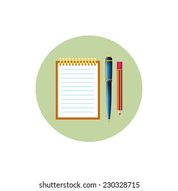 Colorful round   icon notebook with the pen and a pencil,  vector illustration