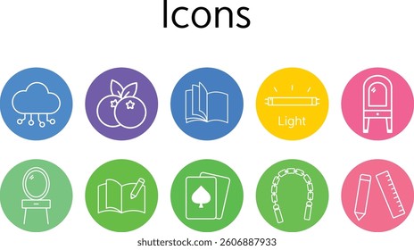 Colorful round icon set featuring fruits, education, furniture, tools, and technology