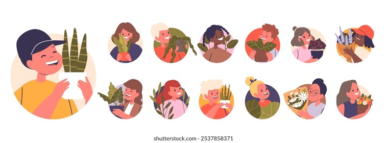 Colorful Round Icons or Avatars Of A Diverse Group Of Children Each Showcasing Their Favorite Houseplants With Smiles