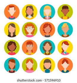 Colorful round icons with female avatars. Vector illustration. Hair, glasses and earrings are isolated and interchangeables.