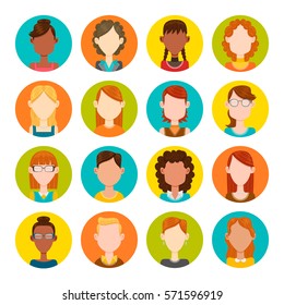 Colorful round icons with female avatars. Vector illustration. Hair, glasses and earrings are isolated and interchangeables.