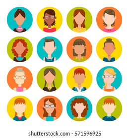 Colorful round icons with female avatars. Vector illustration. Hair, glasses and earrings are isolated and interchangeables.