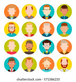 Colorful round icons with male avatars. Vector illustration. Hair and glasses are isolated and interchangeables.