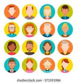 Colorful round icons with male and female avatars. Vector illustration. Hair, glasses and earrings are isolated and interchangeables.