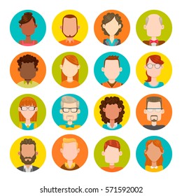 Colorful round icons with male and female avatars. Vector illustration. Hair, glasses and earrings are isolated and interchangeables.